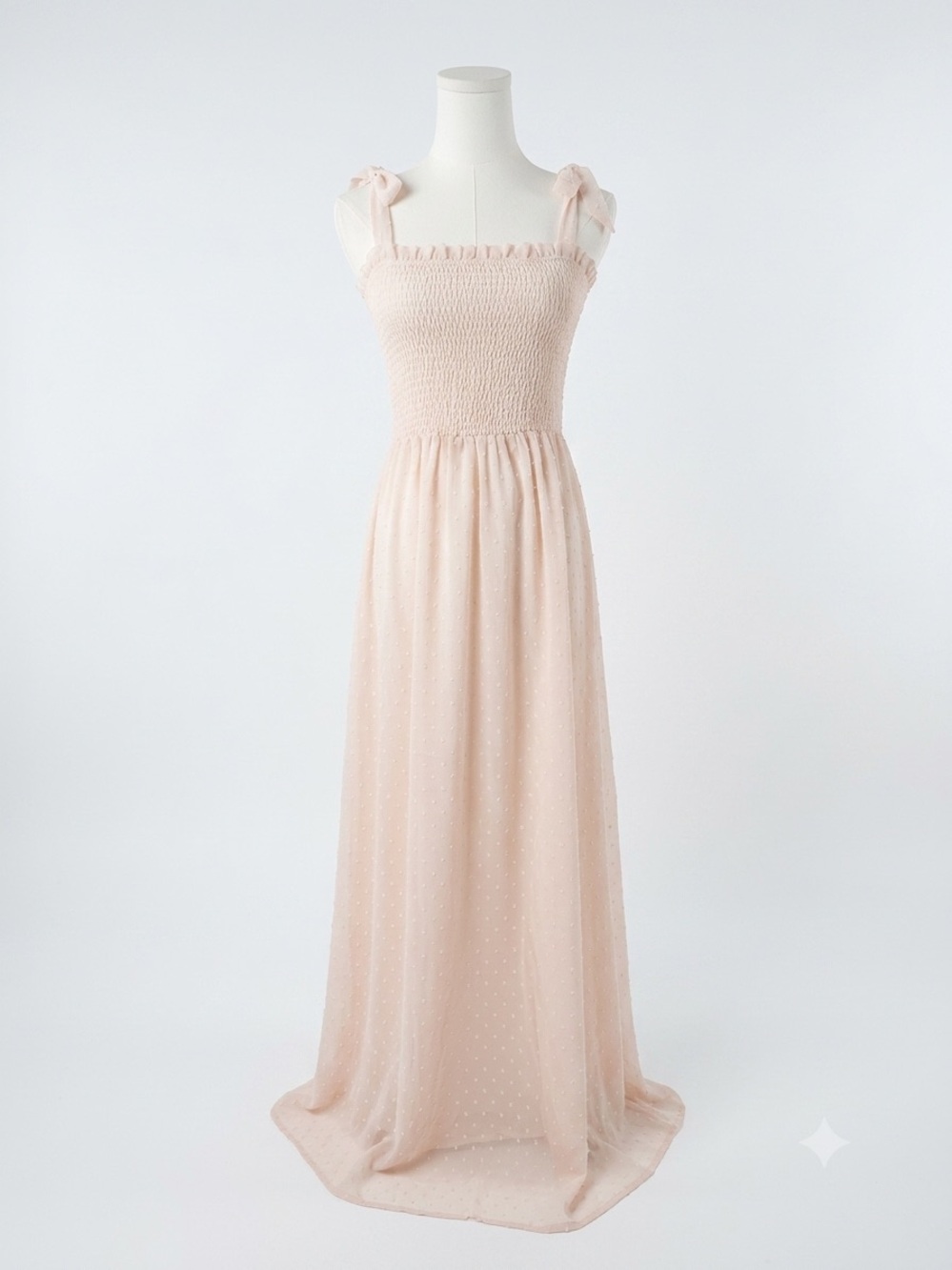 If By Sea Light Pink Maxi Dress. Size S. Smocked bodice and tie-strap detail.